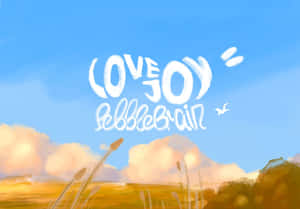 手寫文字 love joy equals pebblebrain 以藍天白雲和草地為背景。 — 音樂 GIF 壁紙