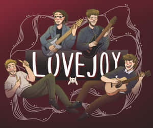插圖風格的樂隊成員彈奏結他，帶有「LOVEJOY」標誌和旋轉線條。 — 音樂美學 壁紙
