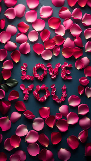 粉紅玫瑰花瓣在深藍綠色表面上拼出 love you