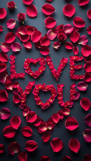 紅玫瑰花瓣在深藍色背景上拼出 love you