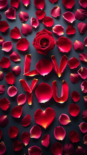 紅玫瑰和花瓣在深色背景上拼出love you