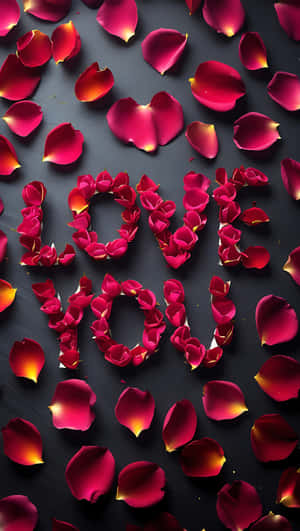 紅玫瑰花瓣在深色表面上拼出 love you，帶有黃色亮點