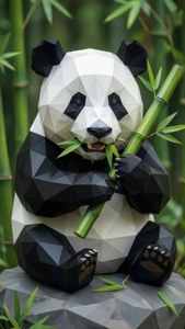 低多邊形熊貓雕塑在竹林環境中吃竹子