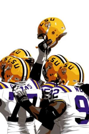 LSU 足球員身穿隊服，高舉頭盔慶祝。