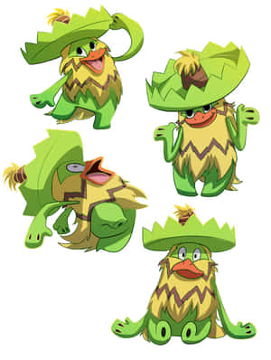 四個綠色和黃色的卡通青蛙角色戴著葉子帽子，擺出各種俏皮姿勢。 — 型爆寵物小精靈 壁紙