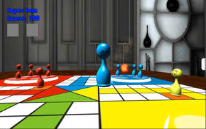 數碼遊戲，在一個有眼睛圖案的房間裡，棋盤上有彩色棋子。