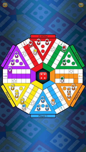 數位Ludo遊戲板，有六位玩家和一個紅色骰子在中間。