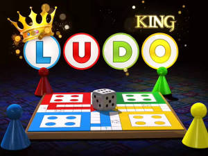 一個數碼Ludo遊戲板，上面有棋子、骰子，以及在KING字樣上方有一個皇冠。