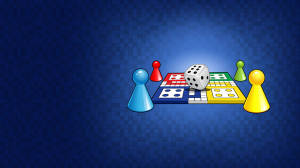 在藍色格紋背景的棋盤遊戲上，有四枚彩色遊戲棋子和一顆骰子。