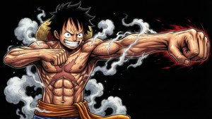 戴草帽的動漫海盜在黑色背景前揮拳，伴隨蒸汽和紅色能量