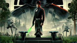 Luke Skywalker 喺森林入面手持綠色光劍，同AT-ST步行機同星際戰機一齊。