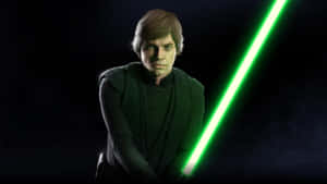 Luke Skywalker 在黑暗煙霧環境中手持綠色光劍。