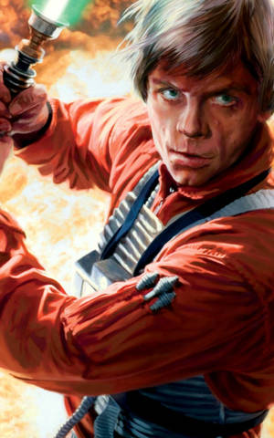 Luke Skywalker 在熾熱的戰鬥場景中手持綠色光劍。 — Huawei MatePad Mini 壁紙