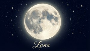 滿月在繁星點點的夜空中閃耀，下方寫有Luna。 — 月亮 壁紙