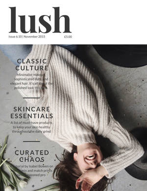 女人倒立大笑，穿著毛衣，周圍有鬱金香和雜誌文字。