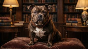 一隻棕色胸白色嘅比特犬坐喺天鵝絨嘅腳凳上，喺一個圖書館，有書架同燈。
