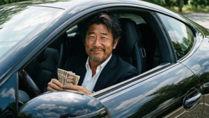 男子在黑色汽車裡手持日元紙幣露出滿意的微笑
