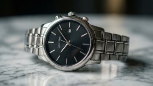 銀色Calvin Klein手錶，黑色錶盤，放置在大理石表面