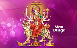 Maa Durga 坐在老虎上，手持武器和供品，背景為紫色。 — 深紫色美學 GIF 壁紙