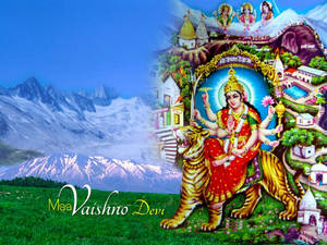 Maa Vaishno Devi 騎著老虎，背景是雪山和寺廟。
