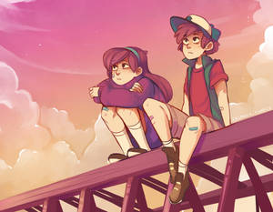 兩個動漫角色在日落時坐在過山車軌道上。 — Dva GIF 壁紙