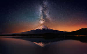 富士山在銀河下，夜間完美水面倒影