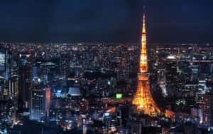 東京塔在夜晚亮起，俯瞰著密集的發光建築群城市景觀。