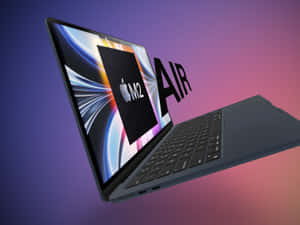 MacBook Air 手提電腦，螢幕上顯示 M2 晶片圖形，背景為彩色漸變。