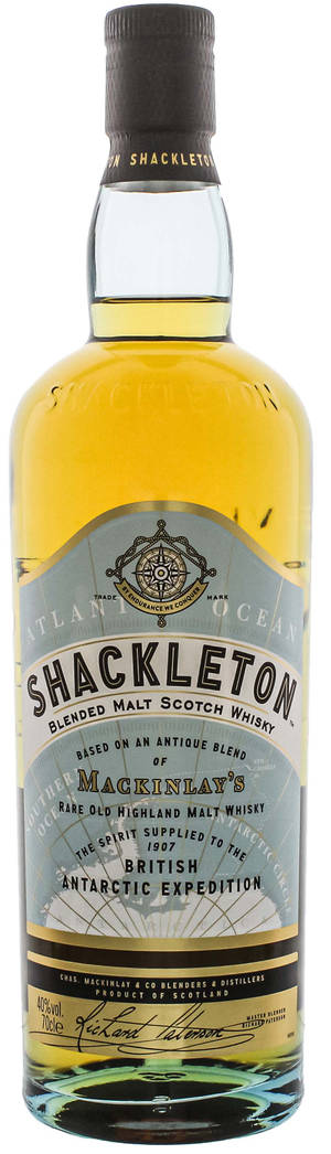 Shackleton威士忌瓶，帶有南極探險標籤和金色液體。