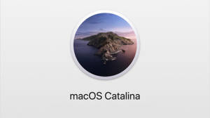 macOS Catalina 標誌，顯示日落時分的岩石島嶼在海洋上