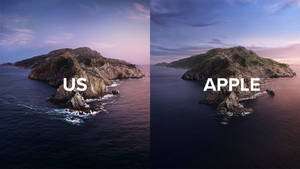分屏顯示同一島嶼，黃昏時帶有「US」和「APPLE」文字疊加。