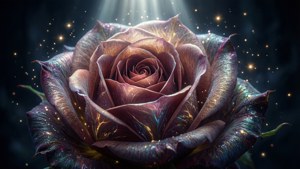在黑暗太空中，一朵發光的宇宙玫瑰，帶有彩虹色花瓣和漂浮的星星