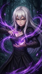一位銀髮女巫穿著黑色長袍，在黑暗森林中引導發光的紫色魔法。