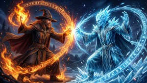 兩個對立的巫師，一個火系一個冰系，在星空下進行魔法宇宙戰鬥