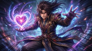 身穿紫色盔甲的戰士在宇宙背景下將發光的紫色魔法注入一個心形球體。