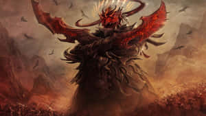 一個惡魔軍閥，擁有紅色翅膀和角，站在士兵的戰場上，背景是火熱的山地景觀。