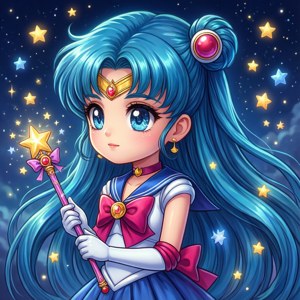 一個Q版美少女戰士在星空下拿著星星魔杖