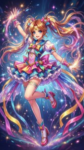 動漫女孩穿著彩色連衣裙在太空中與宇宙火花和絲帶共舞
