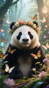 熊貓戴著花冠，在魔法森林中被蝴蝶環繞