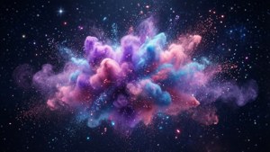 深空中充滿活力的宇宙塵埃爆炸，伴隨著閃爍的星星。