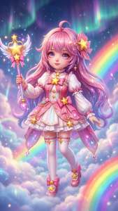 粉紅色頭髮的動漫女孩漂浮在空中，手持星星魔杖，彩虹和極光