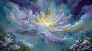 一幅繪畫的宇宙星雲，在盛開的薰衣草灌木叢上方有紫色、藍綠色和金色的漩渦。