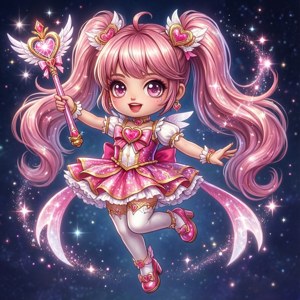一個粉紅頭髮的小精靈女孩穿著閃亮裙子，在星空夜空背景下手持魔法棒漂浮。