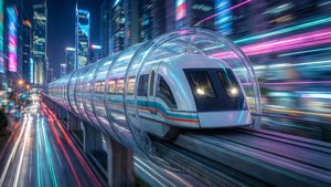 未來磁懸浮列車在夜間穿過充滿活力的霓虹城市，留下光跡。