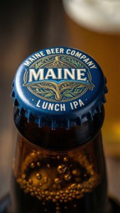 藍色Maine Beer Company Lunch IPA啤酒樽蓋，帶有金箔設計，下方為碳酸琥珀色啤酒。