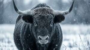 冬季降雪時雪地裡的黑色高地牛