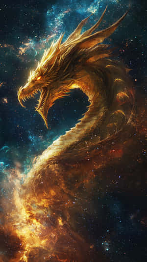 一條金龍閃爍著發光的眼睛，蜿蜒穿過色彩繽紛的宇宙星雲，星雲中充滿了星星和氣體雲。