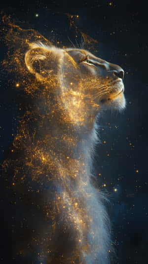 一頭雌獅，金色的宇宙塵埃從牠的皮毛中流出，映襯著繁星點點的夜空。