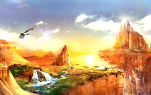 沙漠峽谷，有瀑布和鳥兒在日落時飛翔。 — Steam Deck 壁紙