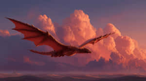 一條紅龍在日落時分飛過沙漠，伴隨著橙色雲彩